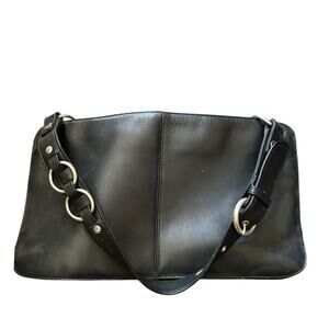 Vintage Y2K Hobo International Black Leather Shoulder Bag Silver Ring Detail -